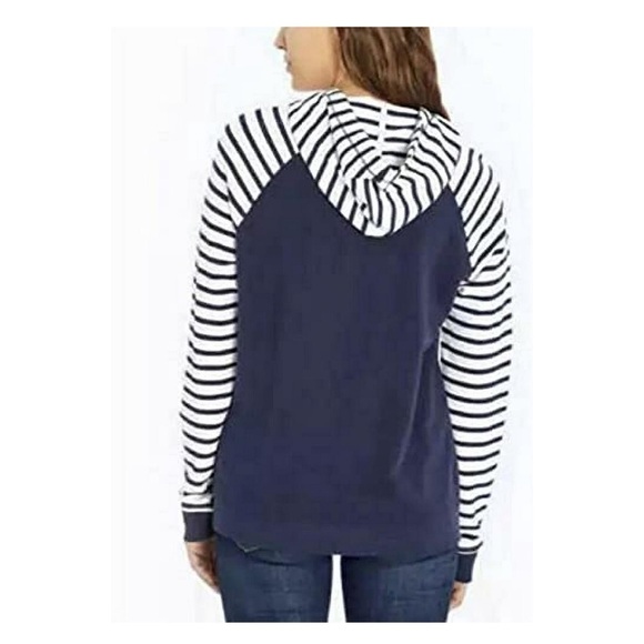 Orvis Navy Stripe Raglan Sleeve Hooded Pullover Cozy Hoodie Size Large - Picture 2 of 11